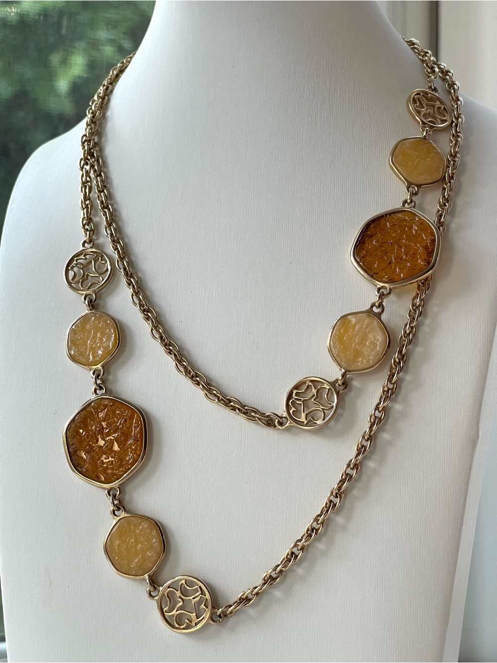 Vintage Sarah Coventry Gold-Tone Necklace with Amber Resin Stones